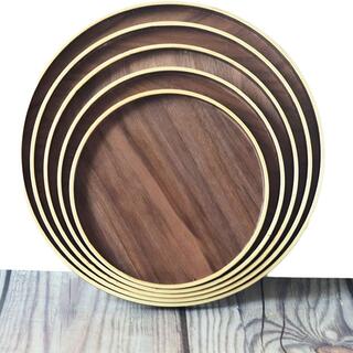 Popular Tableware Handmade Black Walnut Solid Breakfast Tea Coffee Round Wood Serving Tray Set For Hotel