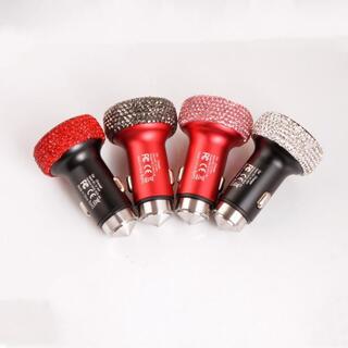 Girly LED Display Bling Rhinestone Crystal Dual USB Car Charger Safety Hammer image 3