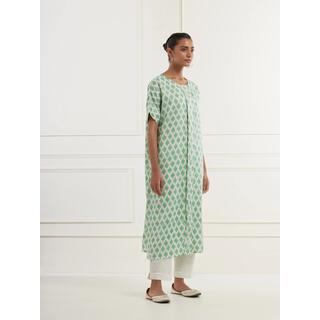 Sea Green Block Printed Linen Satin Kaftan Kurta With Centre Box Pleat And Pittan Embroidery image 2