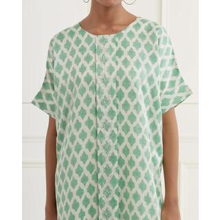 Sea Green Block Printed Linen Satin Kaftan Kurta With Centre Box Pleat And Pittan Embroidery image 3