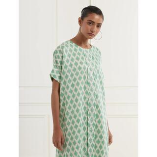 Sea Green Block Printed Linen Satin Kaftan Kurta With Centre Box Pleat And Pittan Embroidery image 4