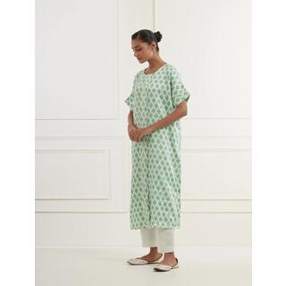 Sea Green Block Printed Linen Satin Kaftan Kurta With Centre Box Pleat And Pittan Embroidery image 5