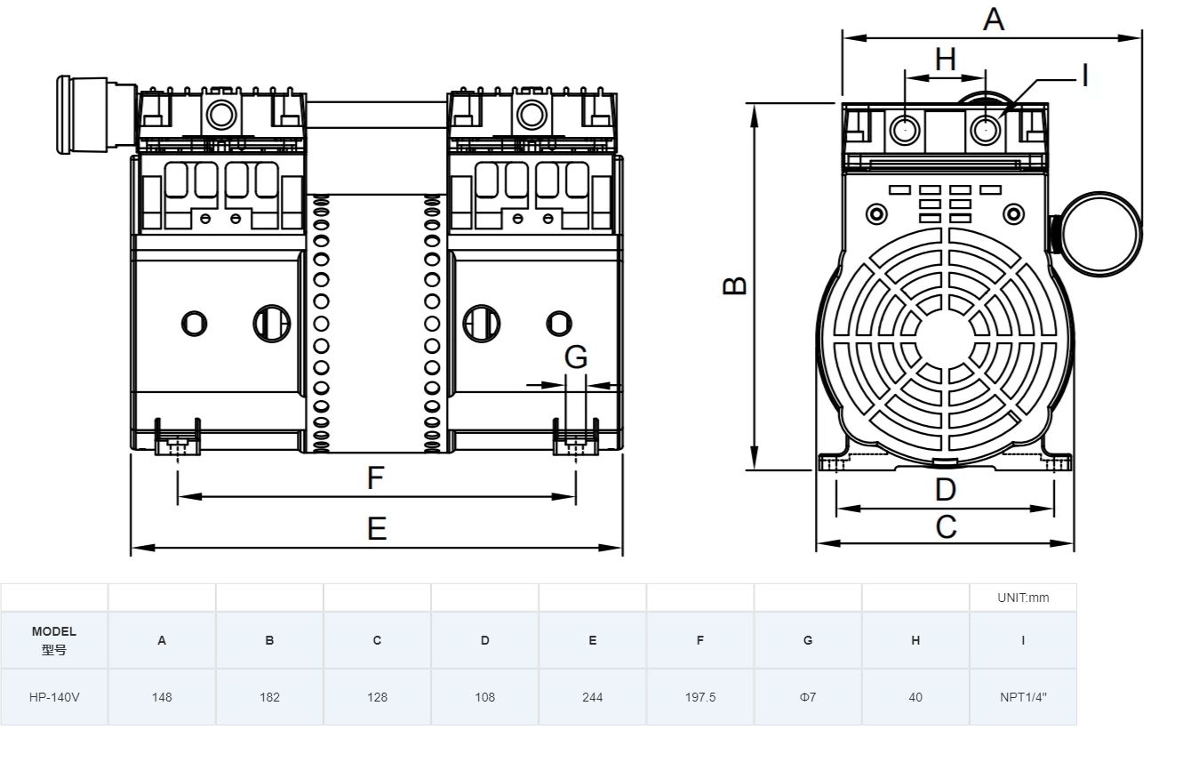 140LPM Low Noise Oil Free Dry Piston Vacuum Pump HP-140V image 6