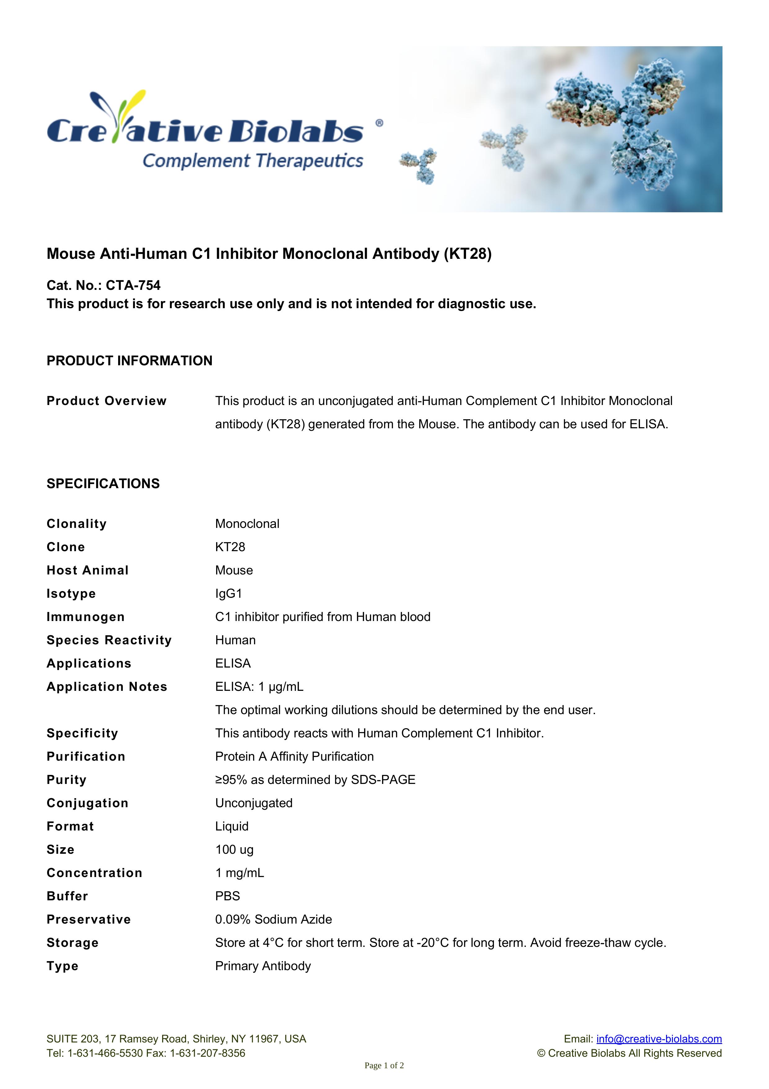 Mouse Anti-Human C1 Inhibitor Monoclonal Antibody (KT28) image 1