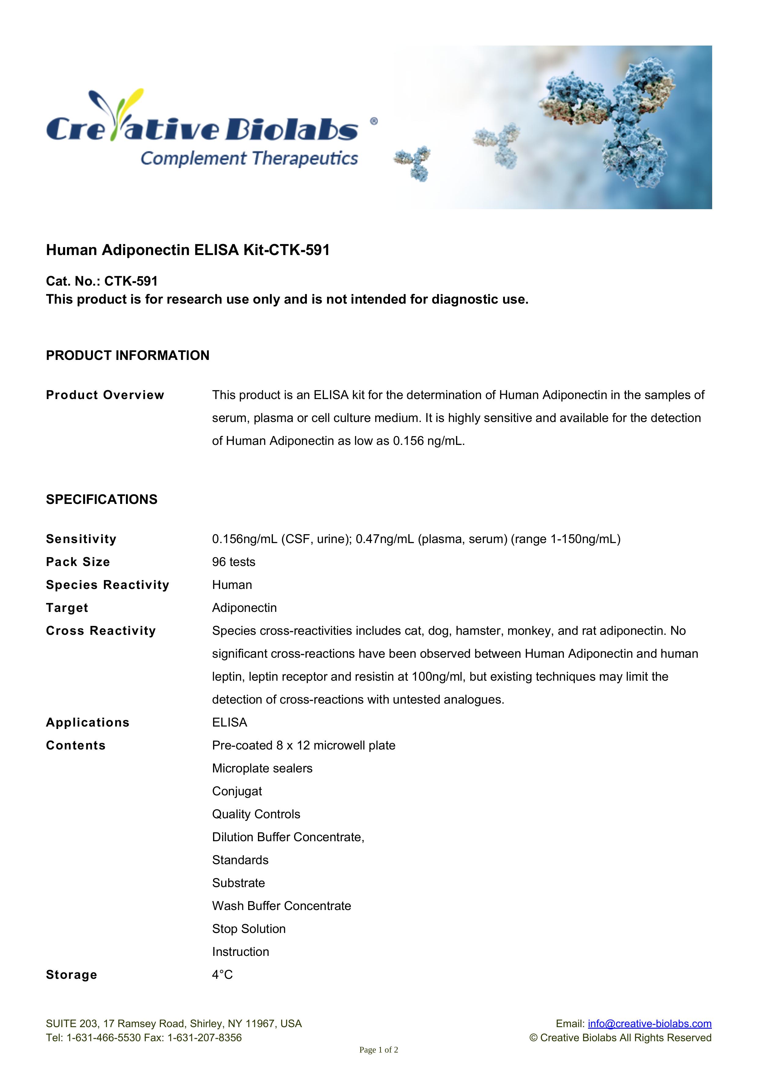 Human Adiponectin ELISA Kit-CTK-591 image 1