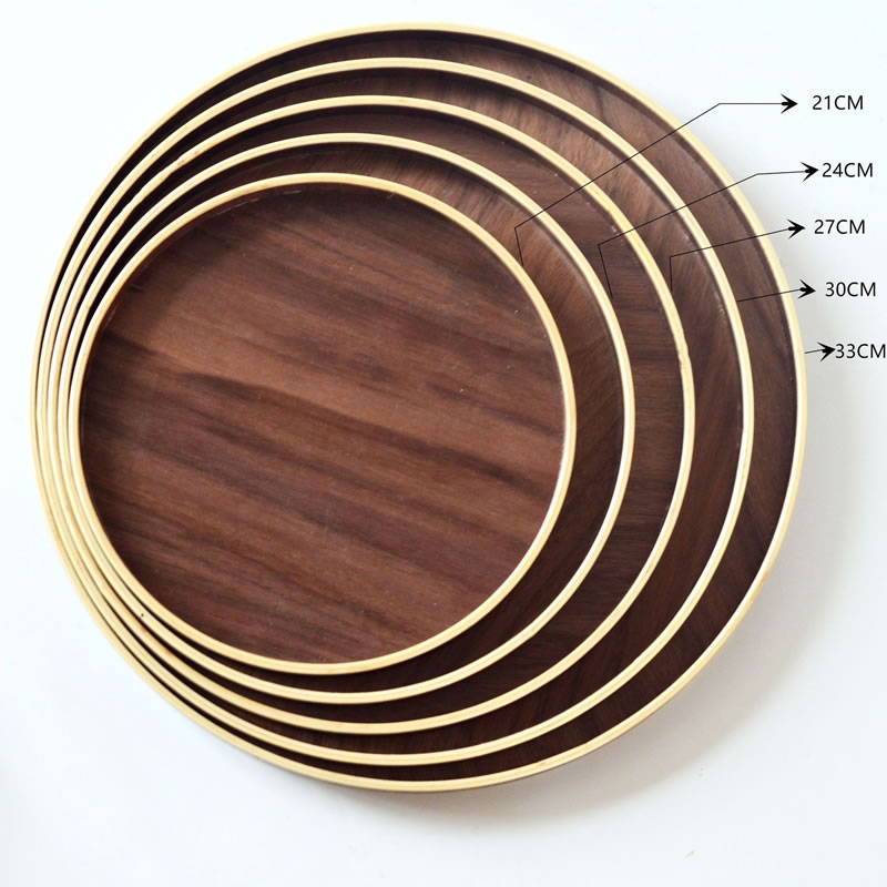 Popular Tableware Handmade Black Walnut Solid Breakfast Tea Coffee Round Wood Serving Tray Set For Hotel image 4