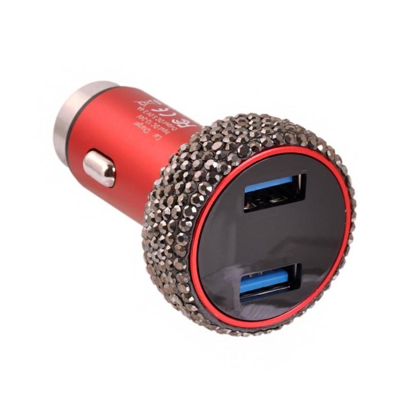 Girly LED Display Bling Rhinestone Crystal Dual USB Car Charger Safety Hammer image 1