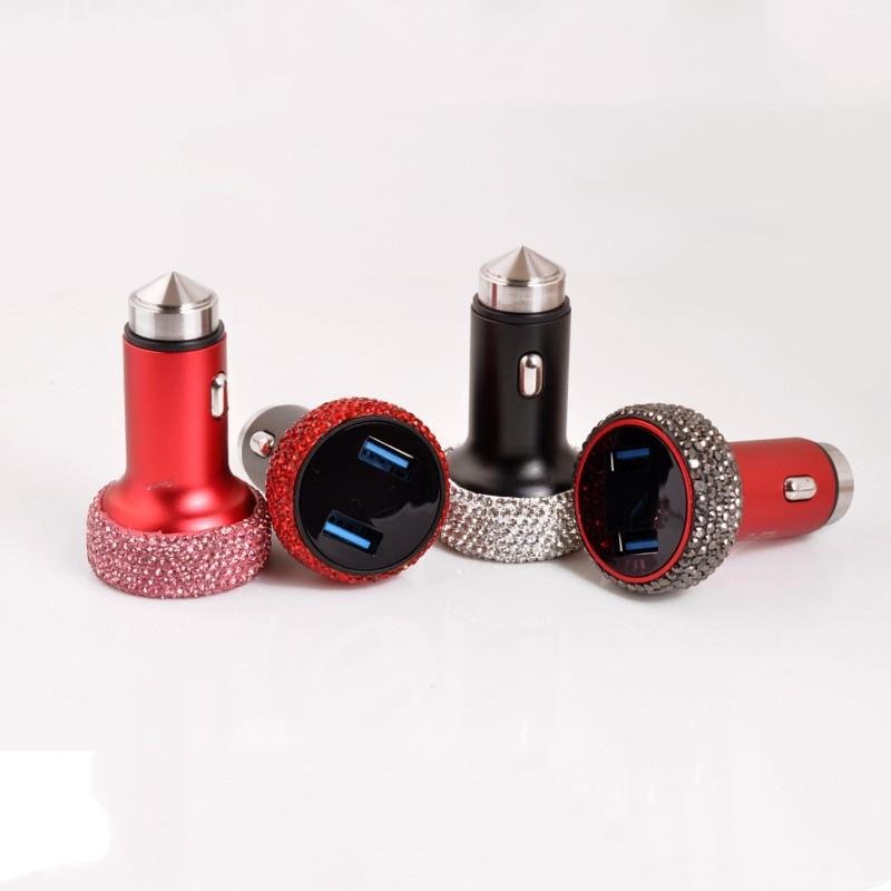 Girly LED Display Bling Rhinestone Crystal Dual USB Car Charger Safety Hammer image 4