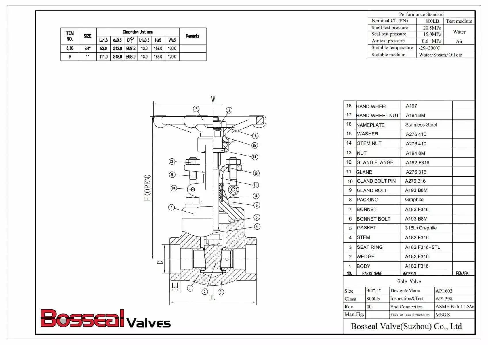 Stainless Steel Gate Valve, F316, API 602, 3/4 Inch, 800 LB image 2