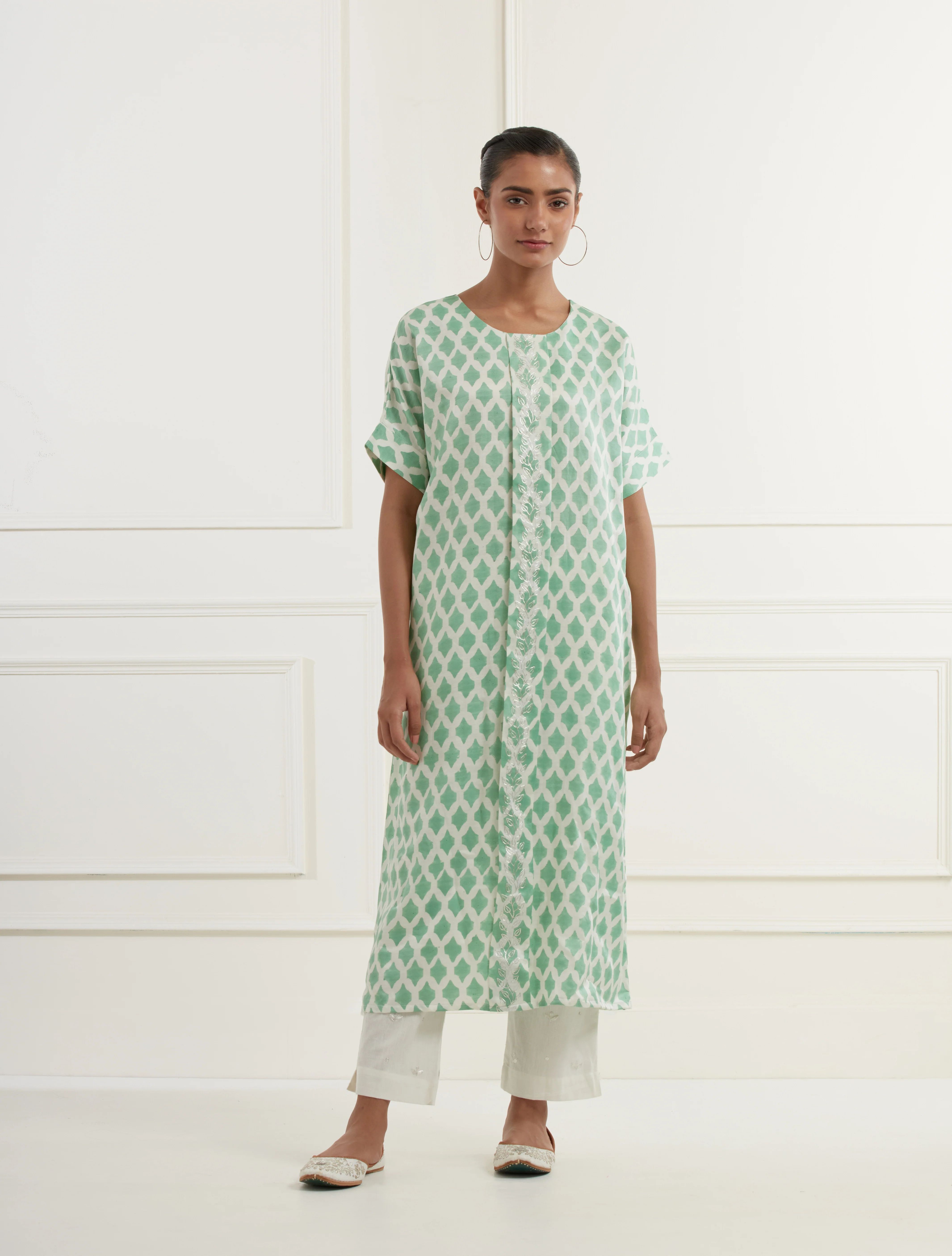 Sea Green Block Printed Linen Satin Kaftan Kurta With Centre Box Pleat And Pittan Embroidery image 1