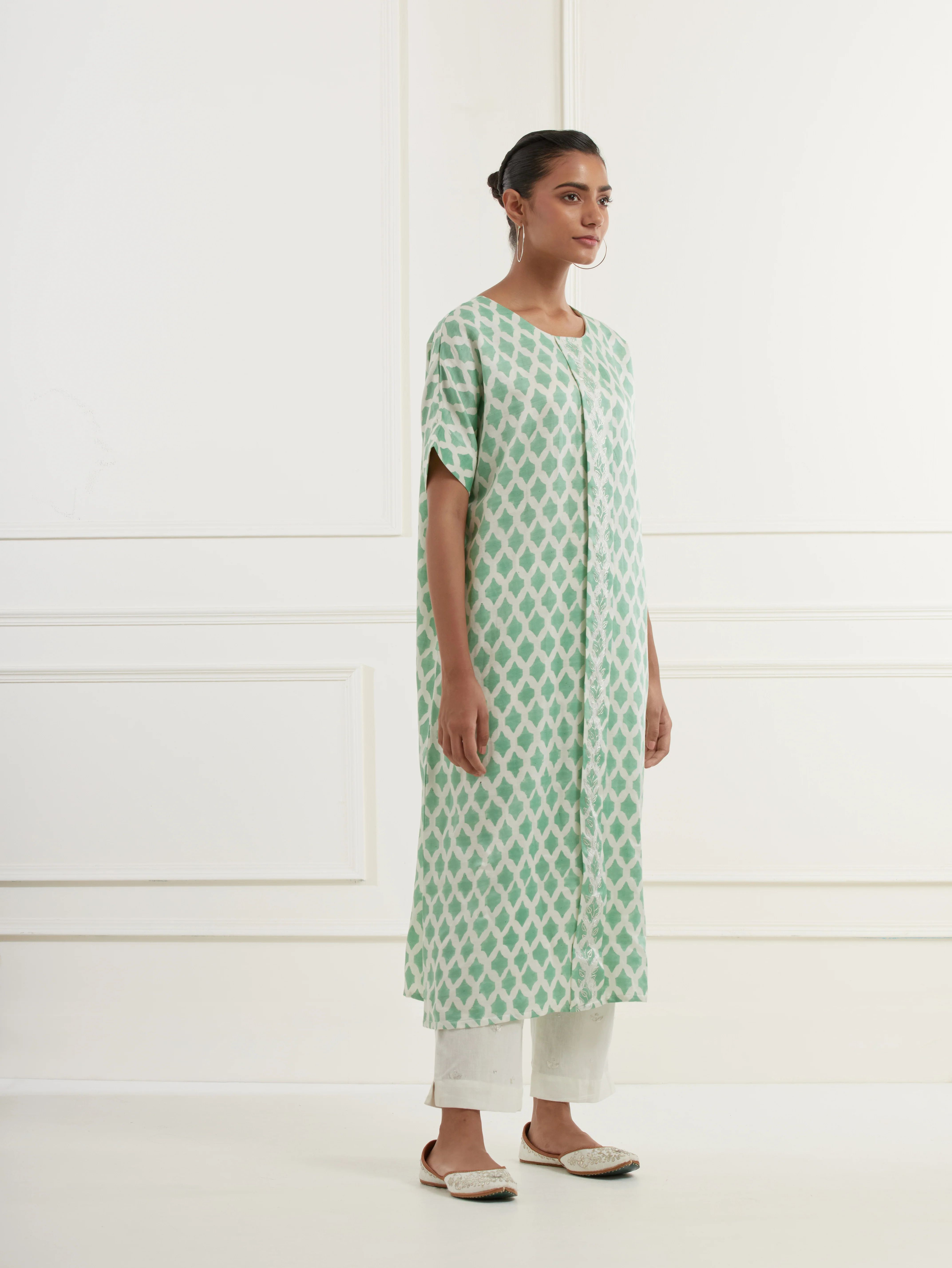 Sea Green Block Printed Linen Satin Kaftan Kurta With Centre Box Pleat And Pittan Embroidery image 2