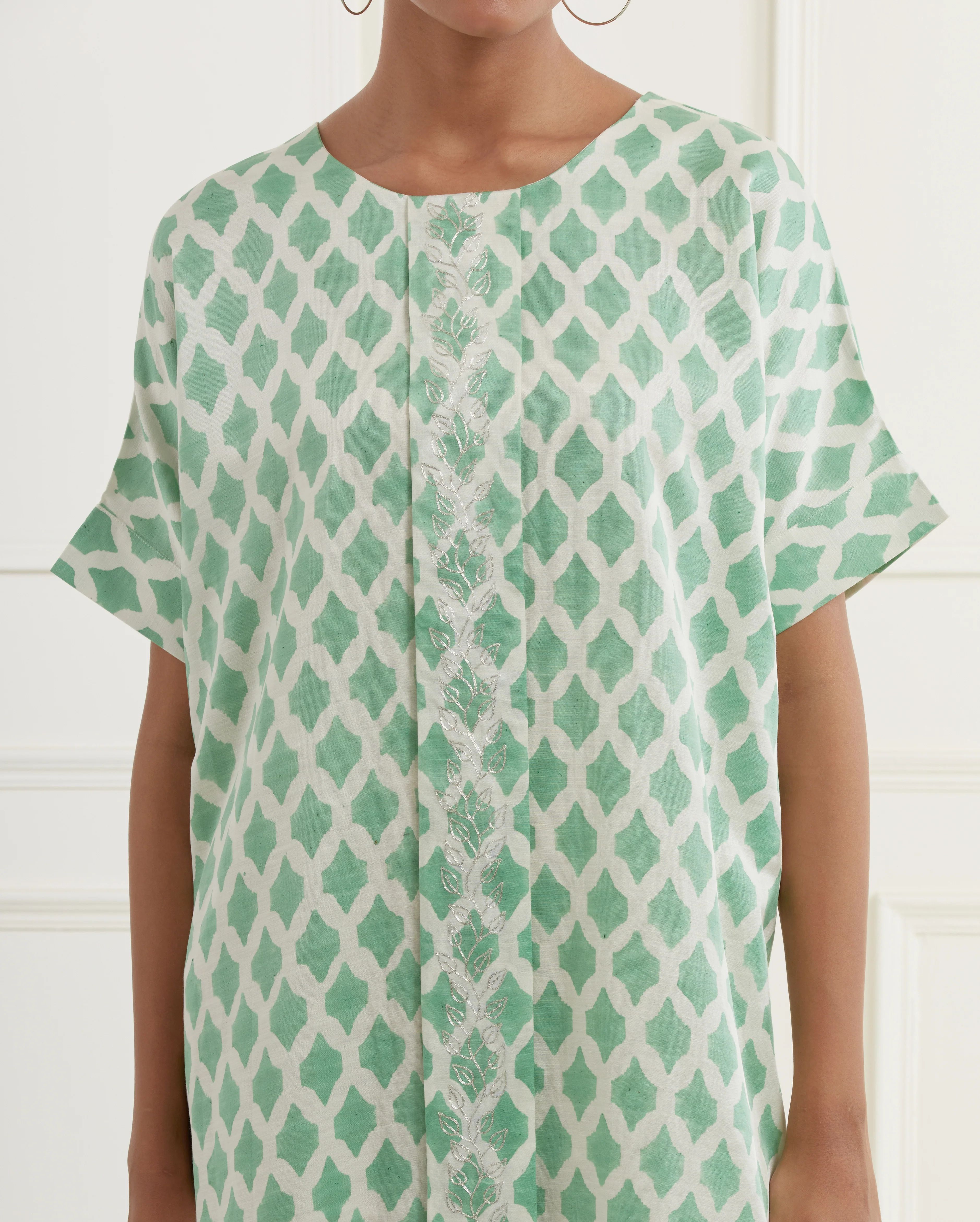 Sea Green Block Printed Linen Satin Kaftan Kurta With Centre Box Pleat And Pittan Embroidery image 3