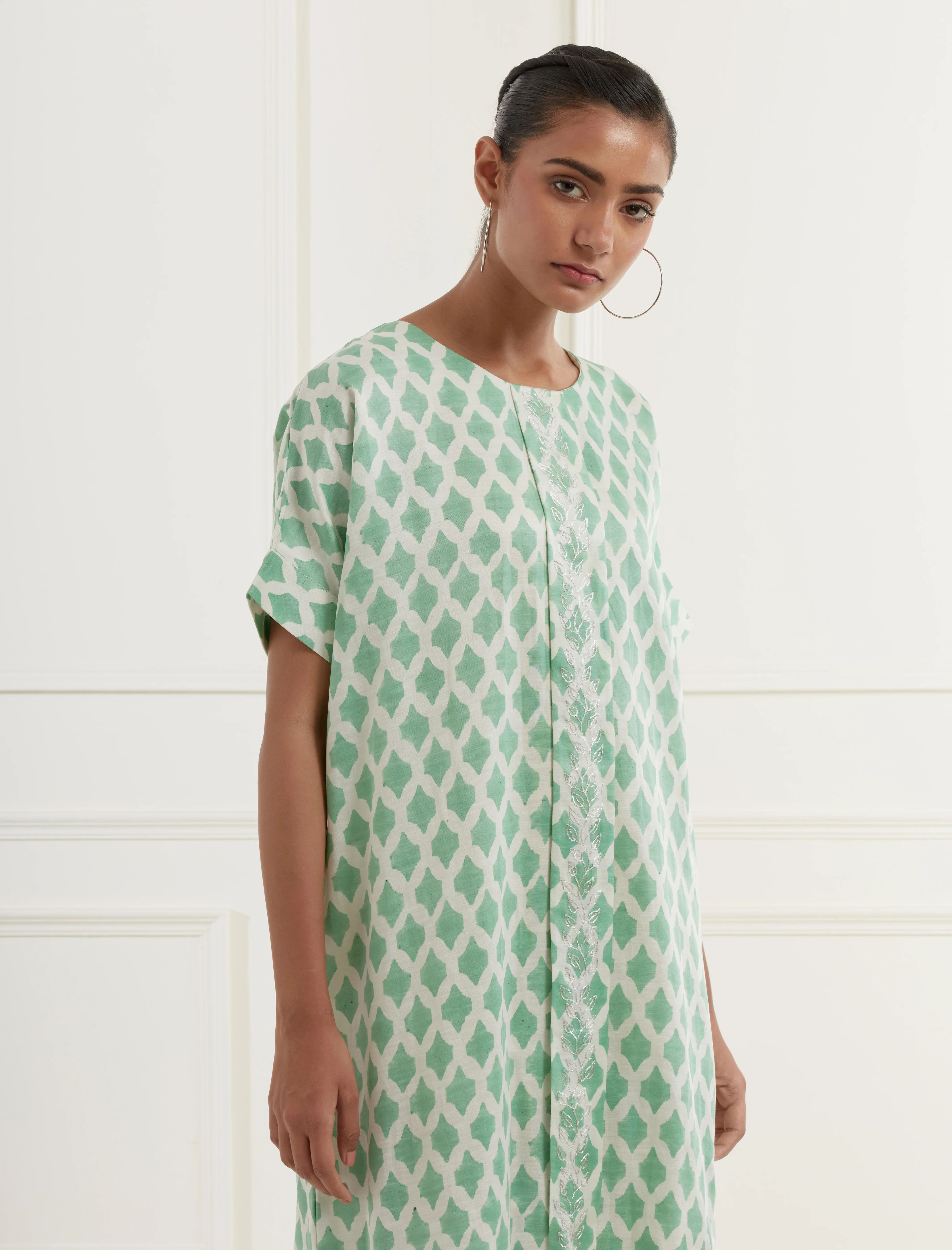 Sea Green Block Printed Linen Satin Kaftan Kurta With Centre Box Pleat And Pittan Embroidery image 4