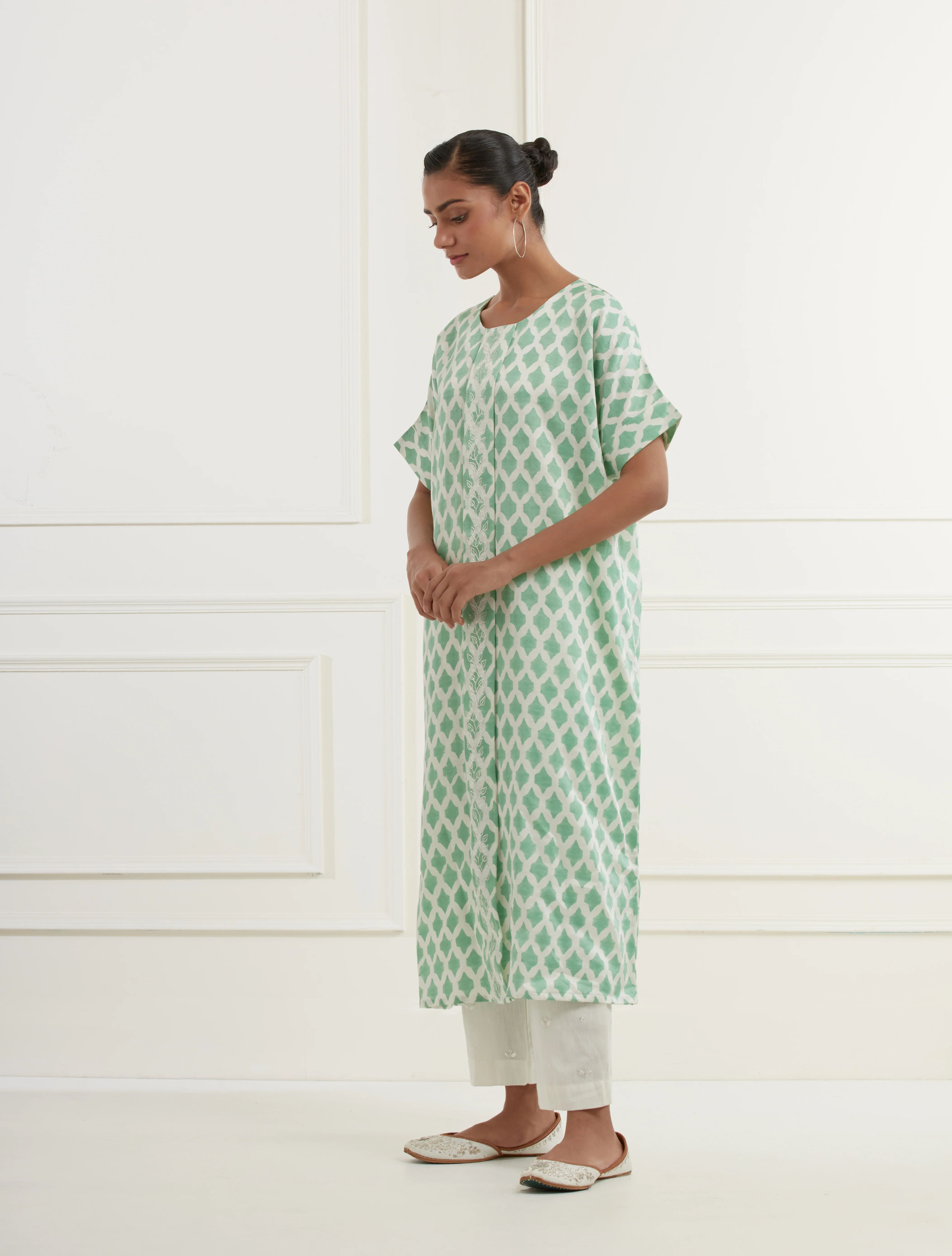 Sea Green Block Printed Linen Satin Kaftan Kurta With Centre Box Pleat And Pittan Embroidery image 5